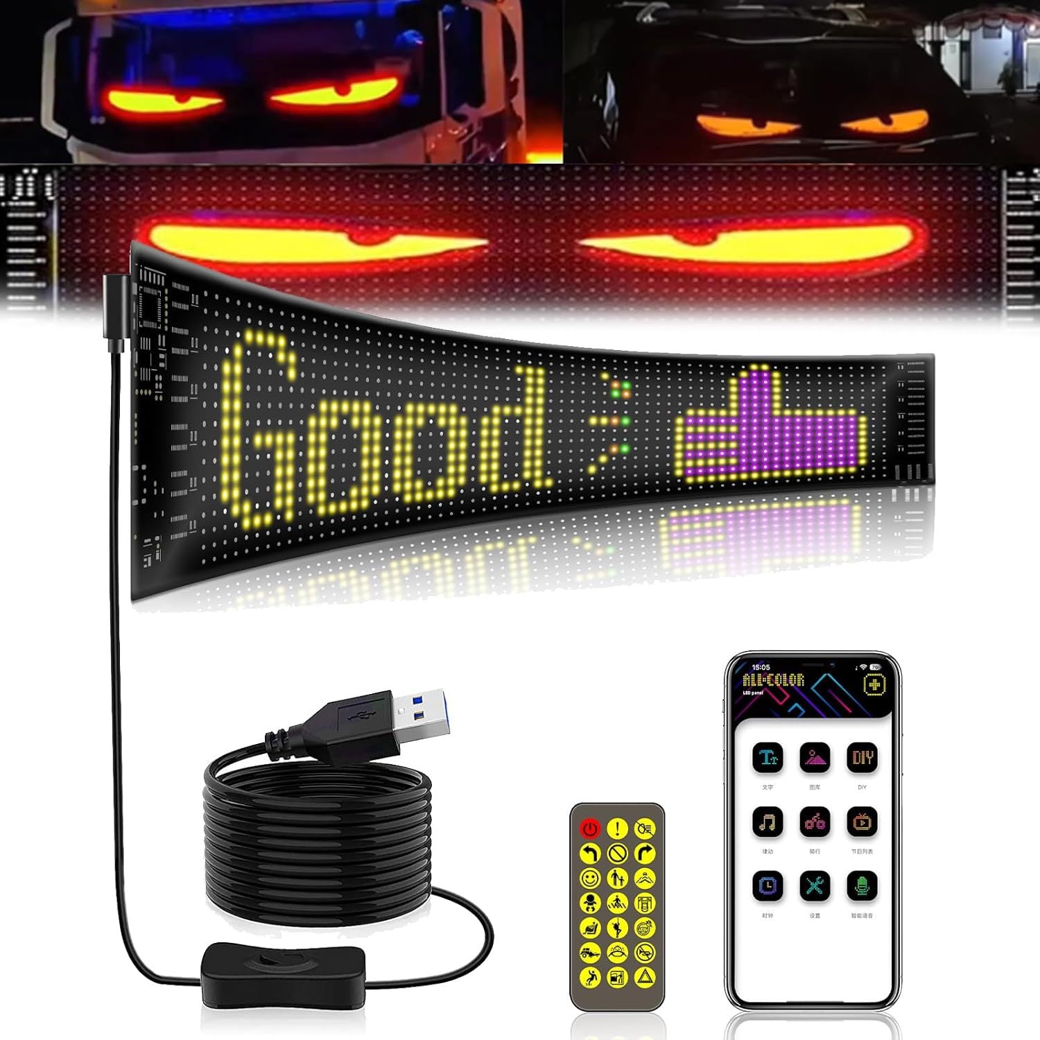 Upgrade Multiple Devil Eyes Light, Full Color led Eyes for car Windshield, Programmable Scrolling LED Display for Car, Car Eyes Animated Led for Car SUV Truck Window