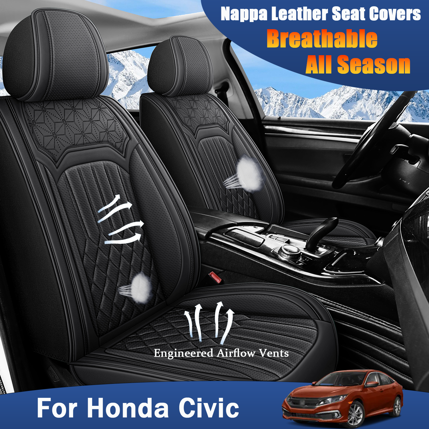 ITEYAO 2005-2026 Honda Civic Seat Covers Full Set 5-Seats, Premium Nappa Leather Car Seat Covers Breathable All-Season