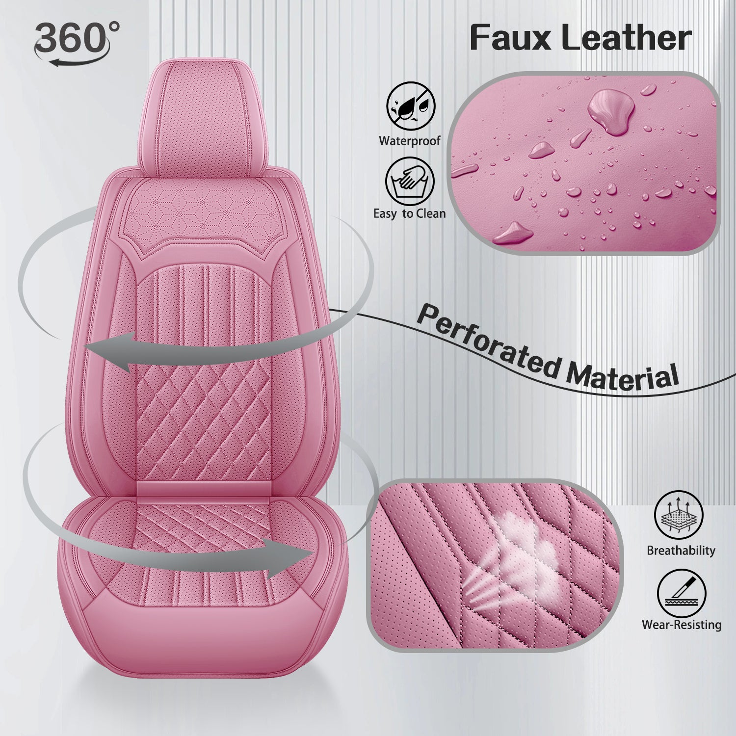 5-Seats ITEYAO Pink Car Seat Covers for Girl and Women, Breathable Nappa Leather girly Auto Seat Protectors