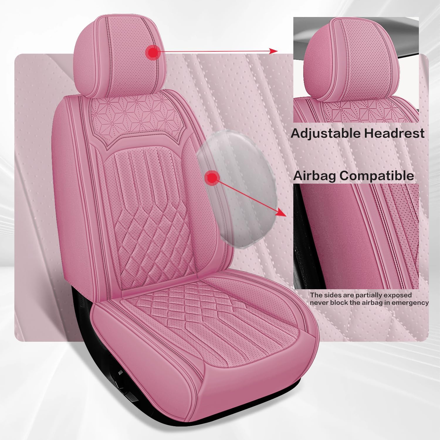 5-Seats ITEYAO Pink Car Seat Covers for Girl and Women, Breathable Nappa Leather girly Auto Seat Protectors