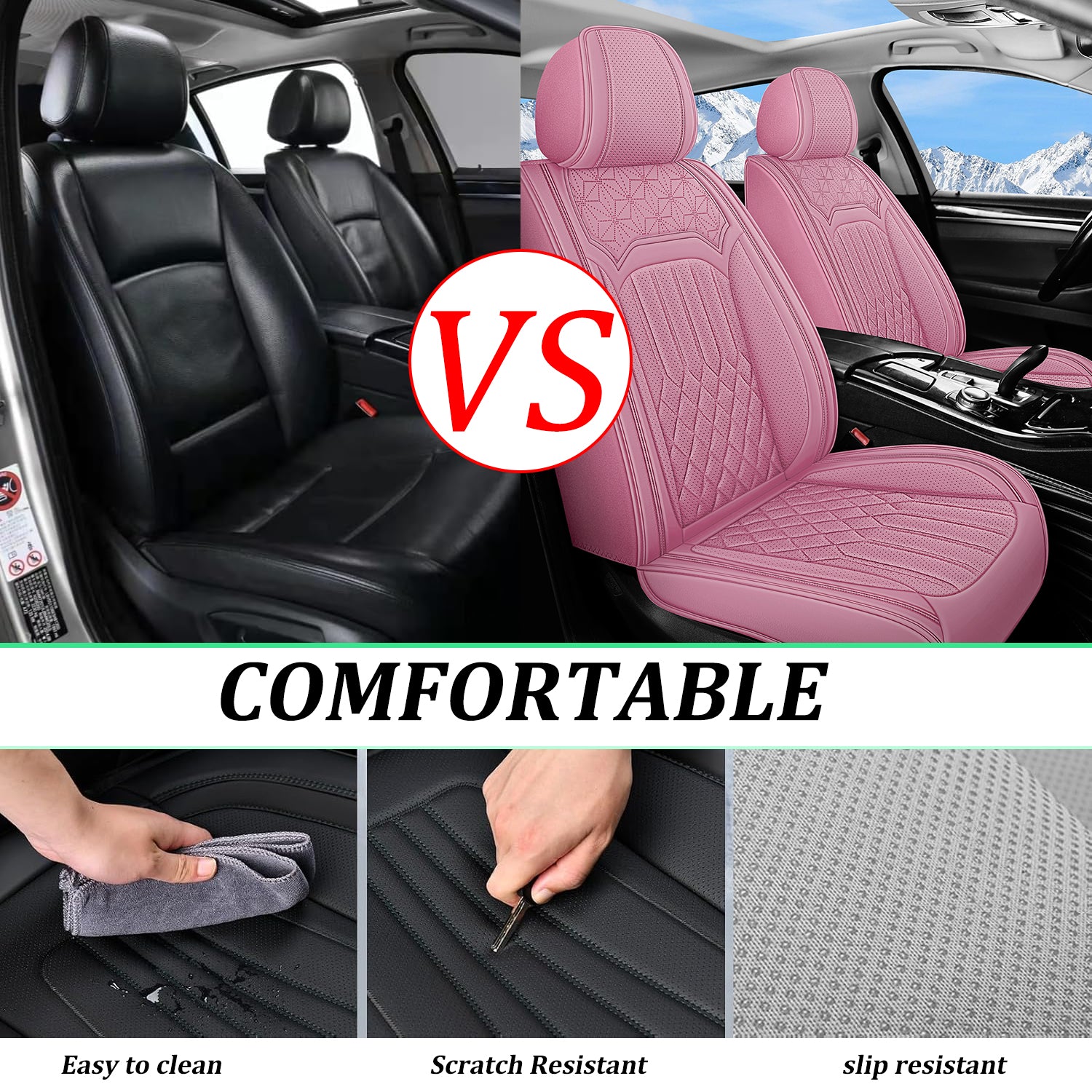 5-Seats ITEYAO Pink Car Seat Covers for Girl and Women, Breathable Nappa Leather girly Auto Seat Protectors