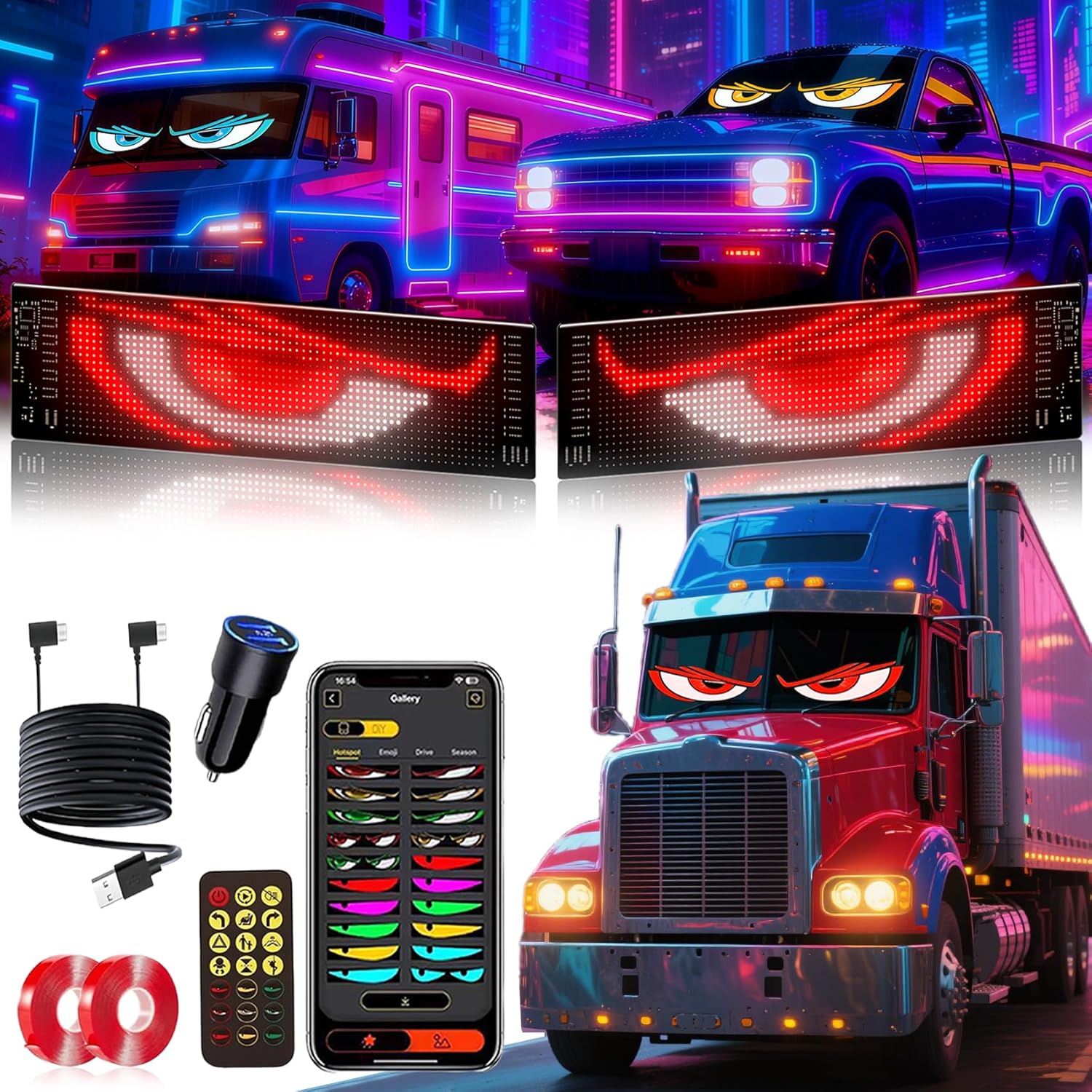 Upgrade Multiple Devil Eyes Light, Full Color led Eyes for car Windshield, Programmable Scrolling LED Display for Car, Car Eyes Animated Led for Car SUV Truck Window