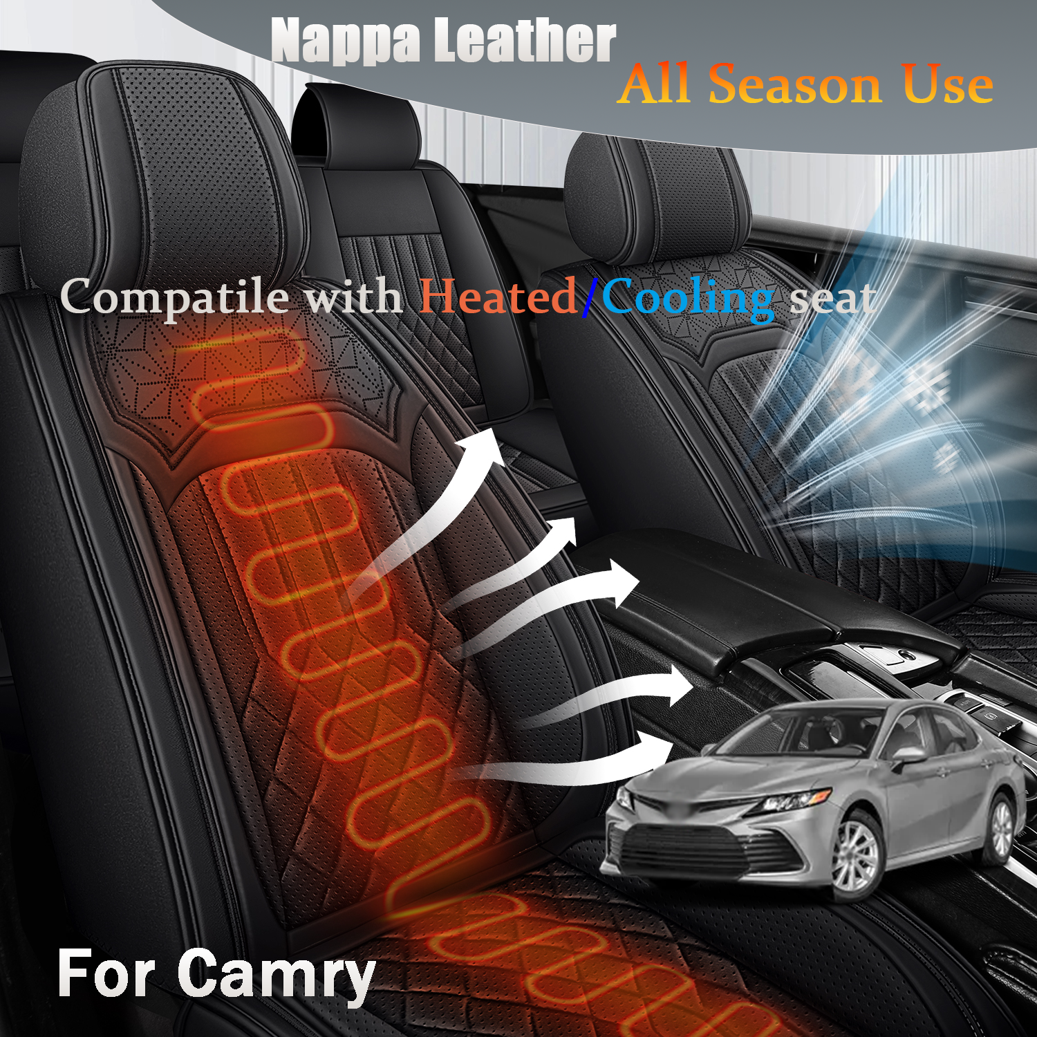 ITEYAO 1998-2026 Toyota Camry Seat Covers Full Set 5-Seats, Premium Nappa Leather Car Seat Covers Breathable All-Season