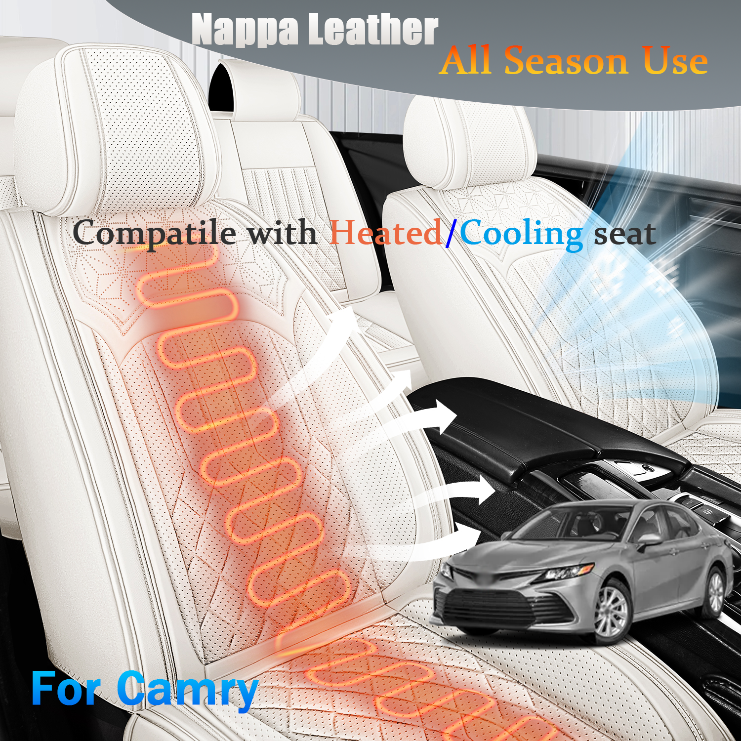 ITEYAO 1998-2026 Toyota Camry Seat Covers Full Set 5-Seats, Premium Nappa Leather Car Seat Covers Breathable All-Season