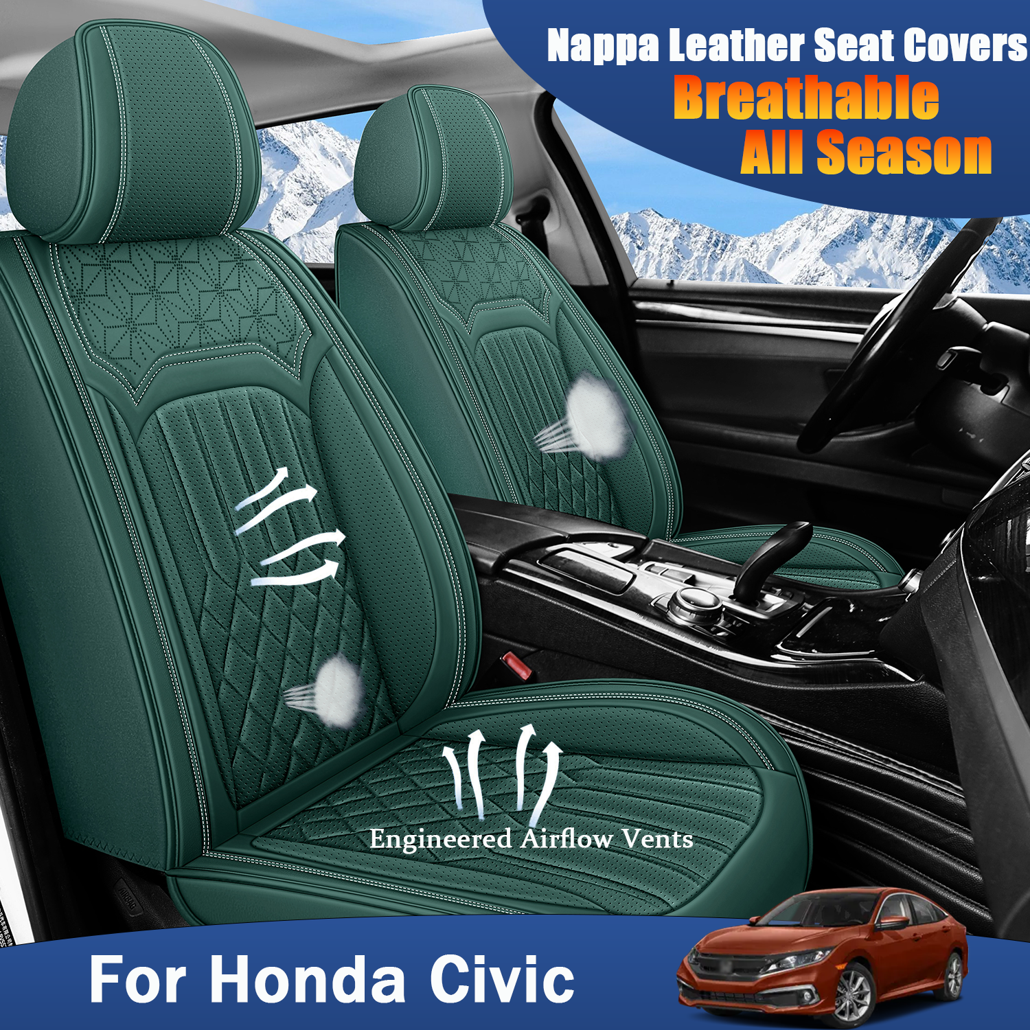 ITEYAO 2005-2026 Honda Civic Seat Covers Full Set 5-Seats, Premium Nappa Leather Car Seat Covers Breathable All-Season