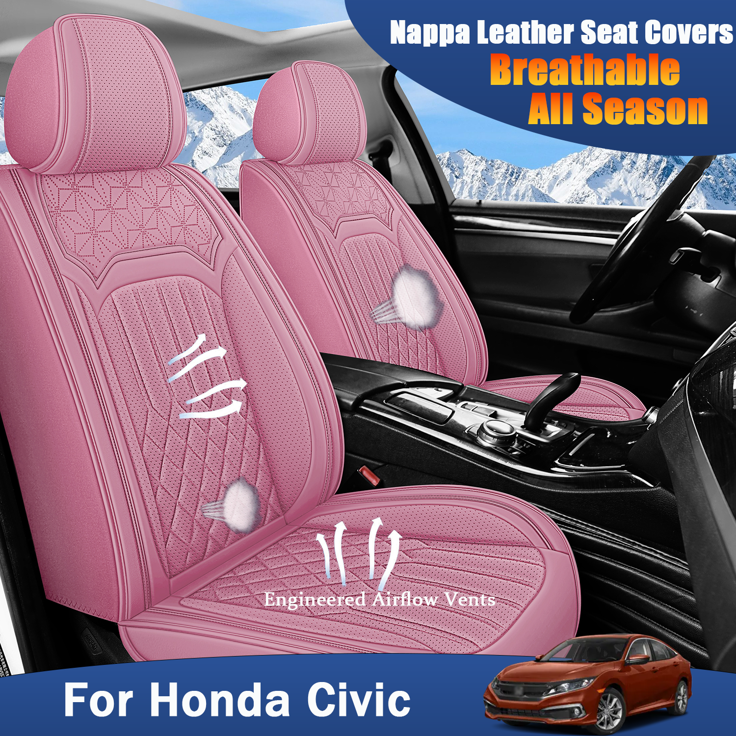 ITEYAO 2005-2026 Honda Civic Seat Covers Full Set 5-Seats, Premium Nappa Leather Car Seat Covers Breathable All-Season