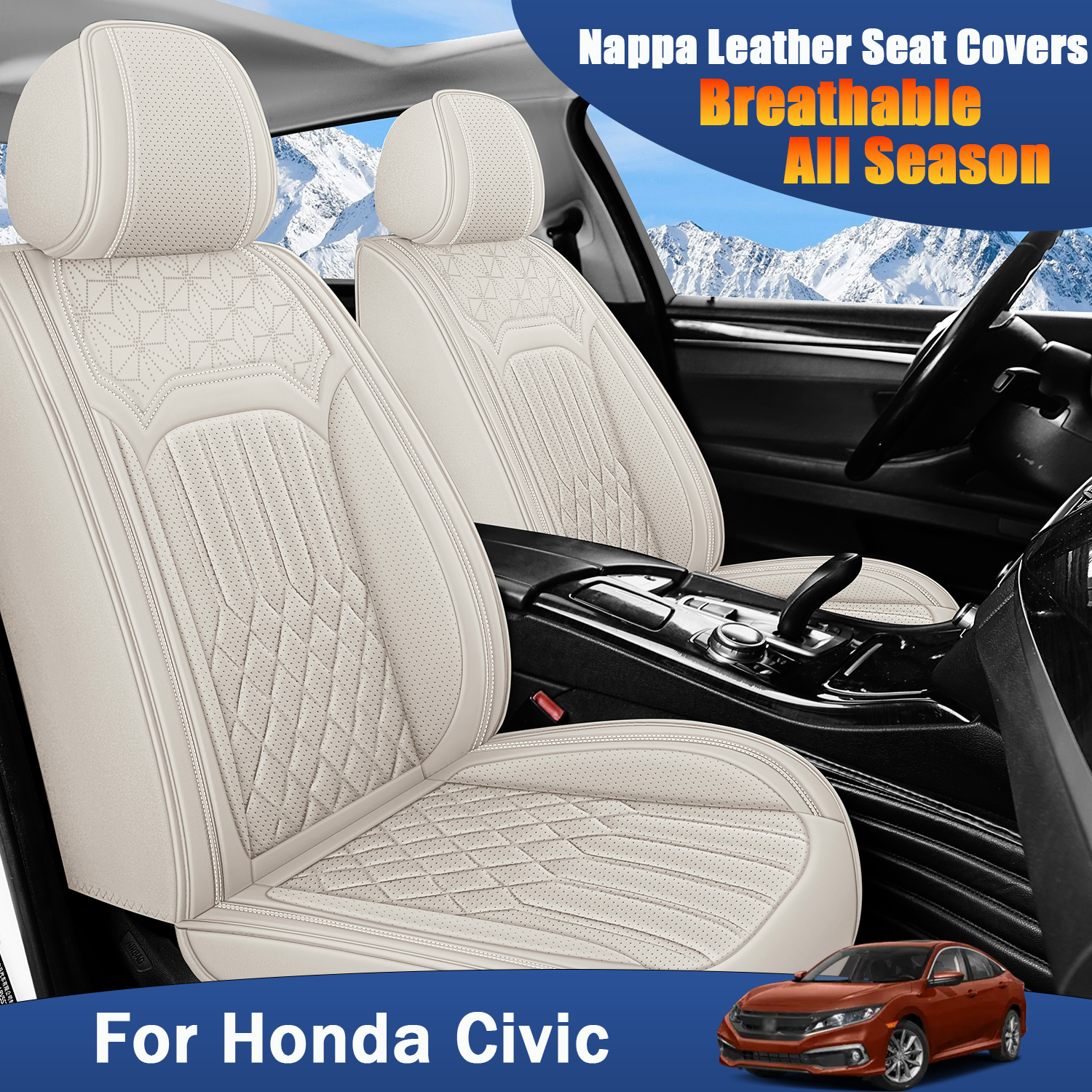 ITEYAO 2005-2026 Honda Civic Seat Covers Full Set 5-Seats, Premium Nappa Leather Car Seat Covers Breathable All-Season