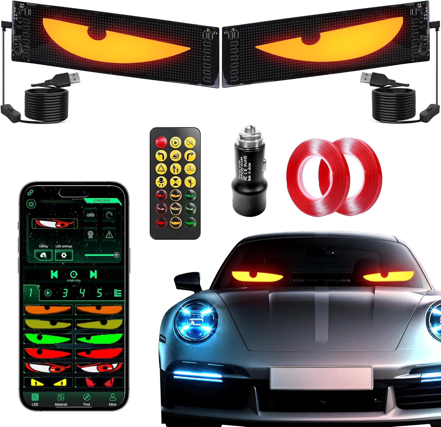 Upgrade Multiple Devil Eyes Light, Full Color led Eyes for car Windshield, Programmable Scrolling LED Display for Car, Car Eyes Animated Led for Car SUV Truck Window