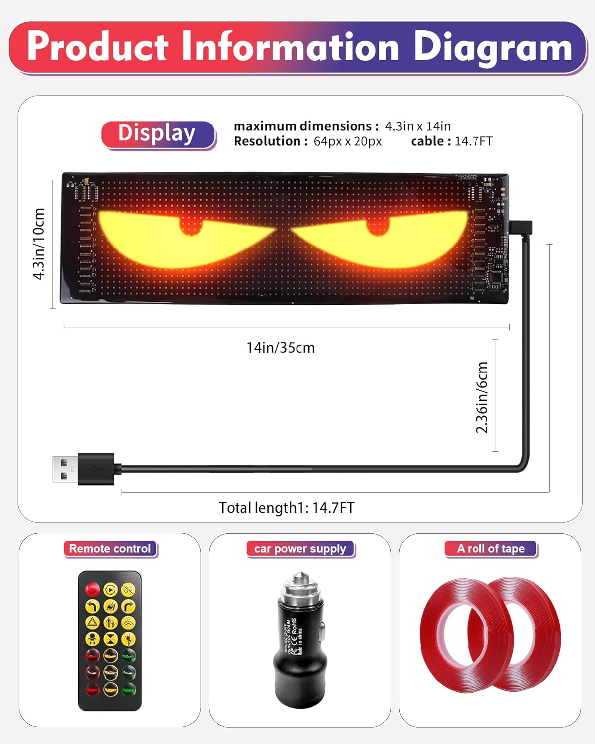 Upgrade Multiple Devil Eyes Light, Full Color led Eyes for car Windshield, Programmable Scrolling LED Display for Car, Car Eyes Animated Led for Car SUV Truck Window