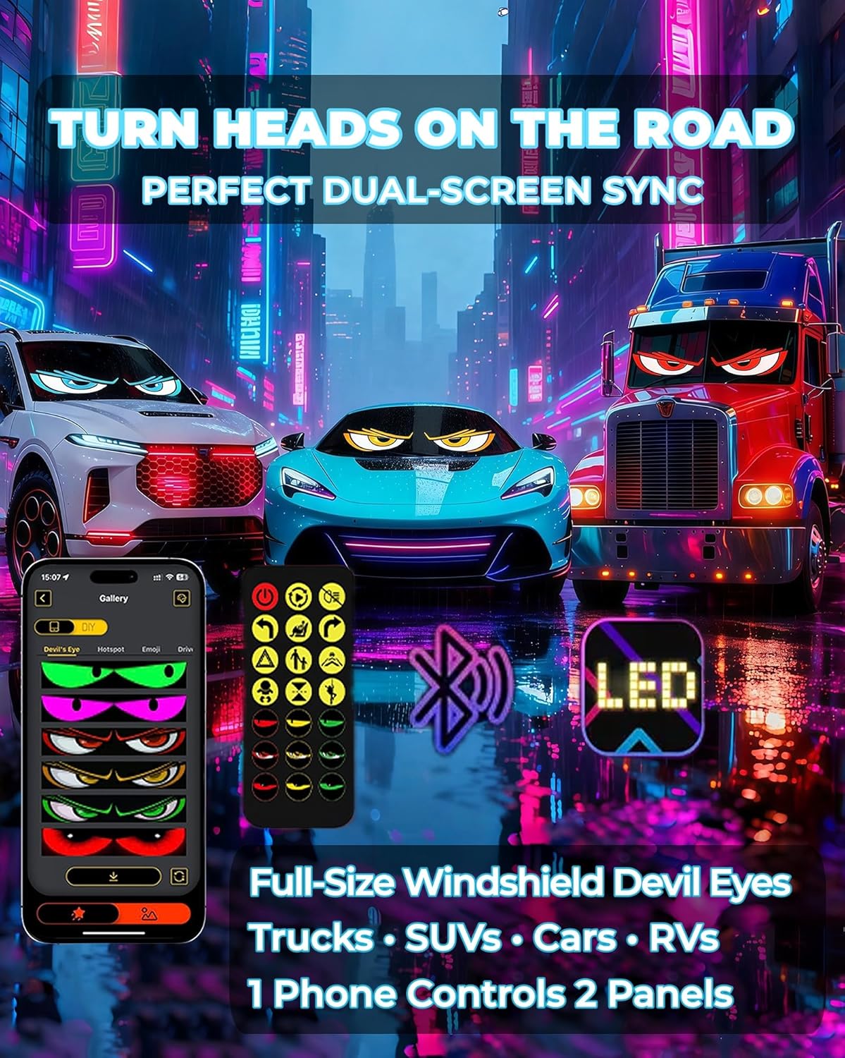 Upgrade Multiple Devil Eyes Light, Full Color led Eyes for car Windshield, Programmable Scrolling LED Display for Car, Car Eyes Animated Led for Car SUV Truck Window