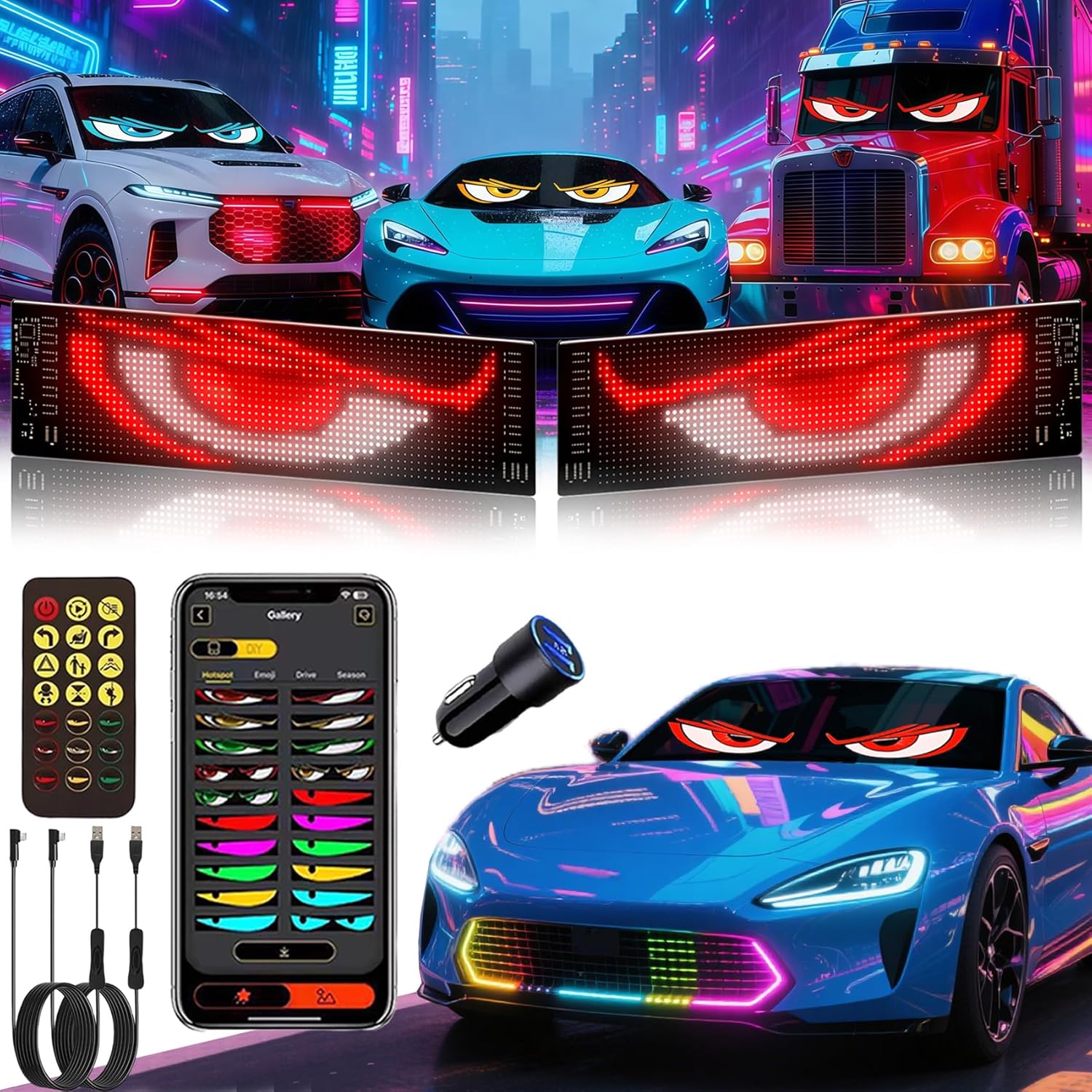 Upgrade Multiple Devil Eyes Light, Full Color led Eyes for car Windshield, Programmable Scrolling LED Display for Car, Car Eyes Animated Led for Car SUV Truck Window